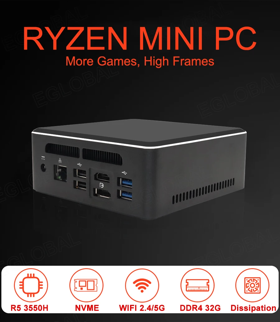 Eglobal мини ПК AMD Ryzen 7 2700U 5 3550H Vega Graphic 2 * DDR4 M.2 NVMe компьютер Windows 10 3x4K Type c HDMI2.0 DP AC WiFI|Мини