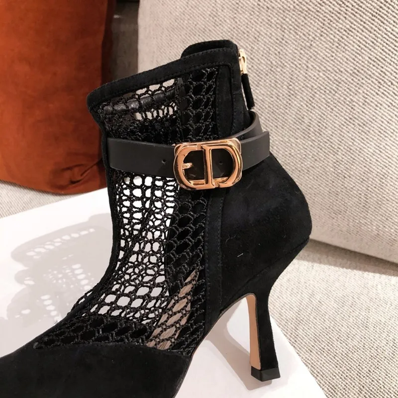 

Luxury Fashion Solid Color Hollow Women's Boots Brand Design High Heels 8cm Shoes New Elegant Ankle Zipper Women's Boots Black