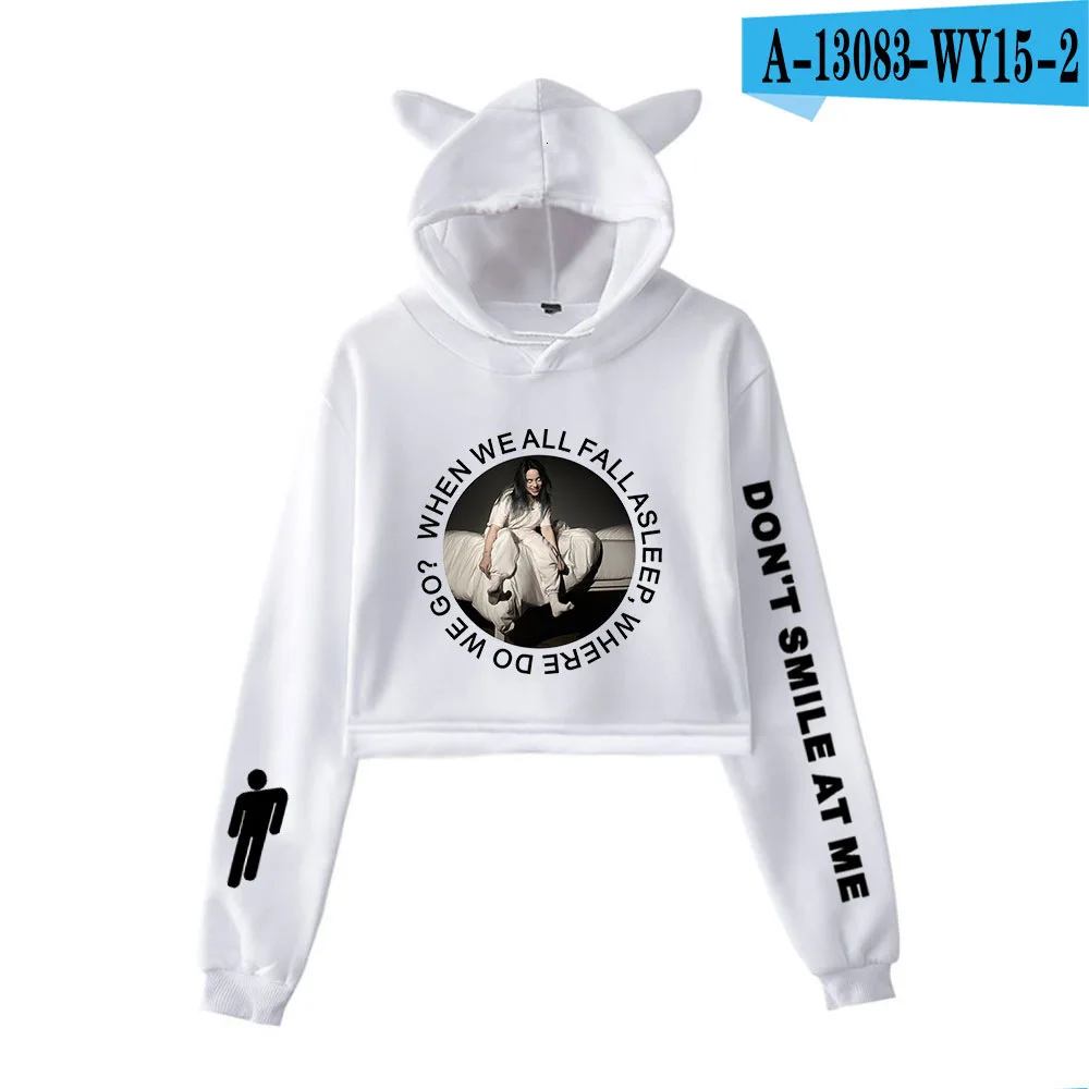 Billie Eilish Женская толстовка с капюшоном толстовки Kpop Kawaii корейский негабаритный Harajuku Хип Хоп Толстовка укороченный - Цвет: White 2