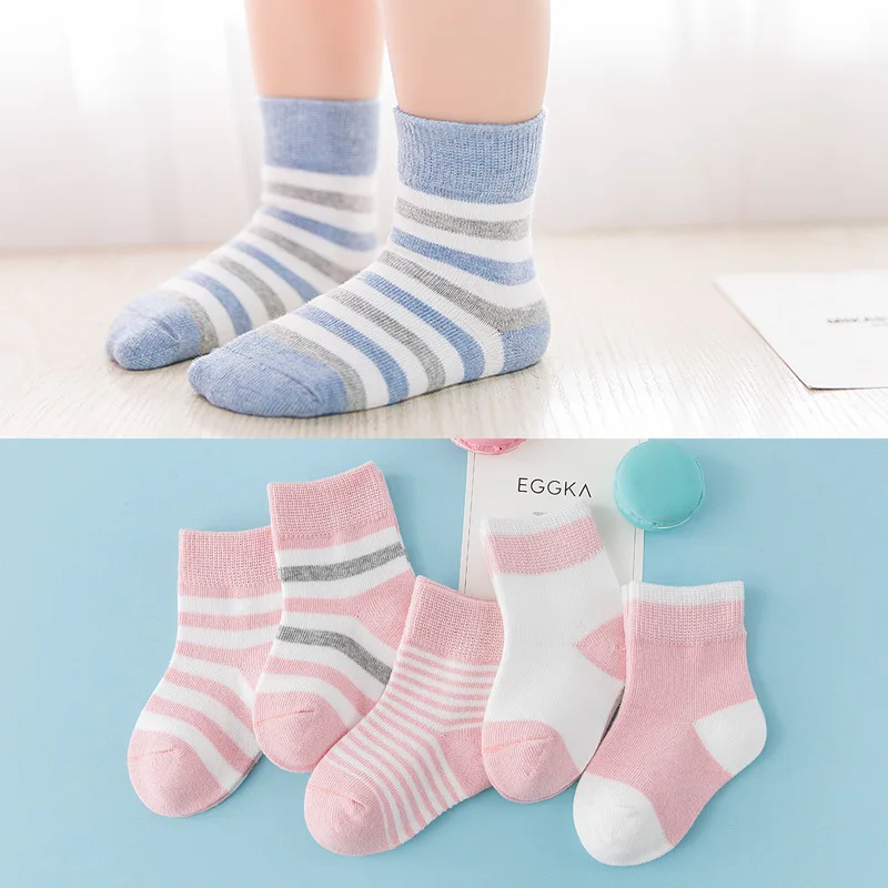 Calcetines deportivos de algod&oacute;n para ni&ntilde;o, ni&ntilde;a y beb&eacute;, calcet&iacute;n a rayas de puntos, a la moda, para Oto&ntilde;o/Invierno, 5 par/lote-0