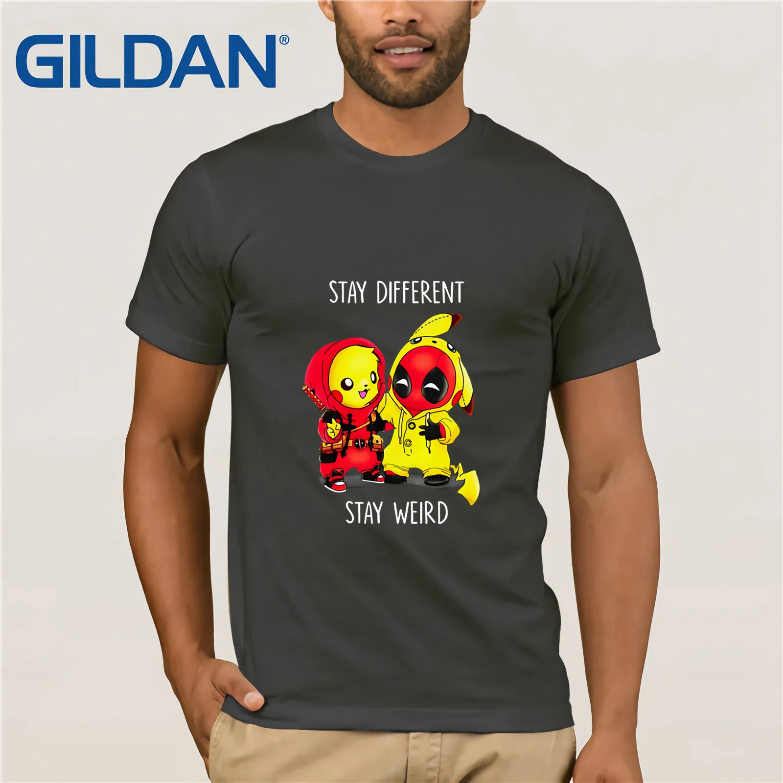 Pikachu Deadpool Stay Different Weird Shirt Summer Men's Short Sleeve T-Shirt Vintage Crew Neck Cotton Tee Present | Мужская одежда