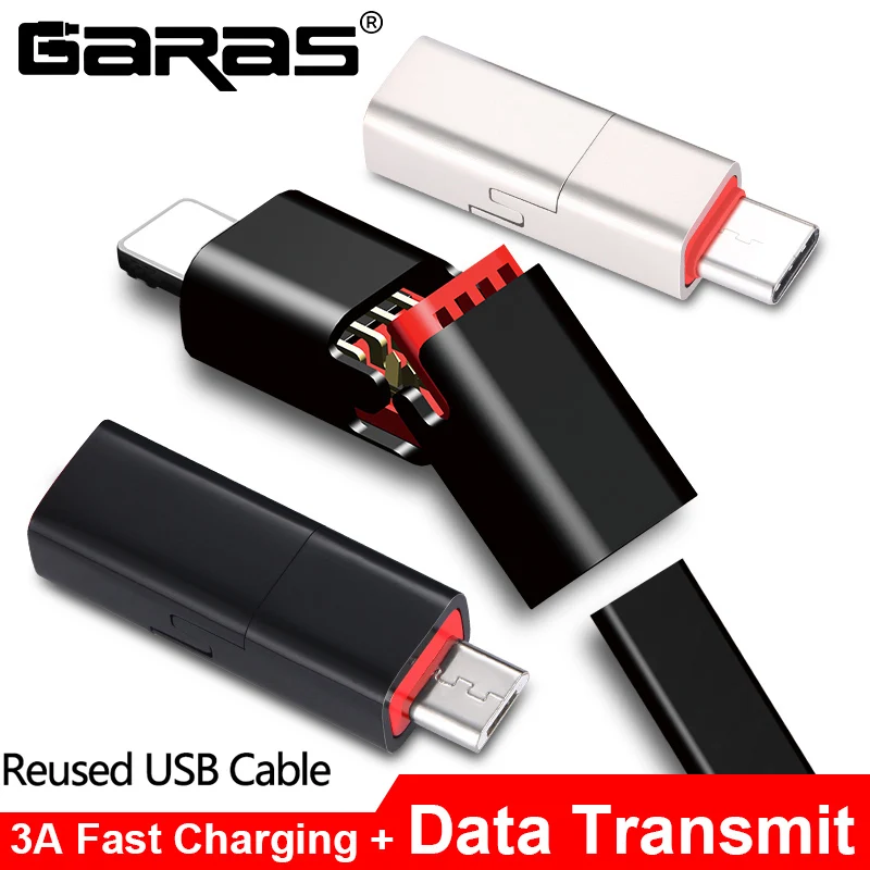 GARAS Reused USB Cable For iPhone/Micro USB/Type C Fast Charger Data Cable For iPhone/iPad/Xiaomi/Huawei Reusable USB Cable 1.5m