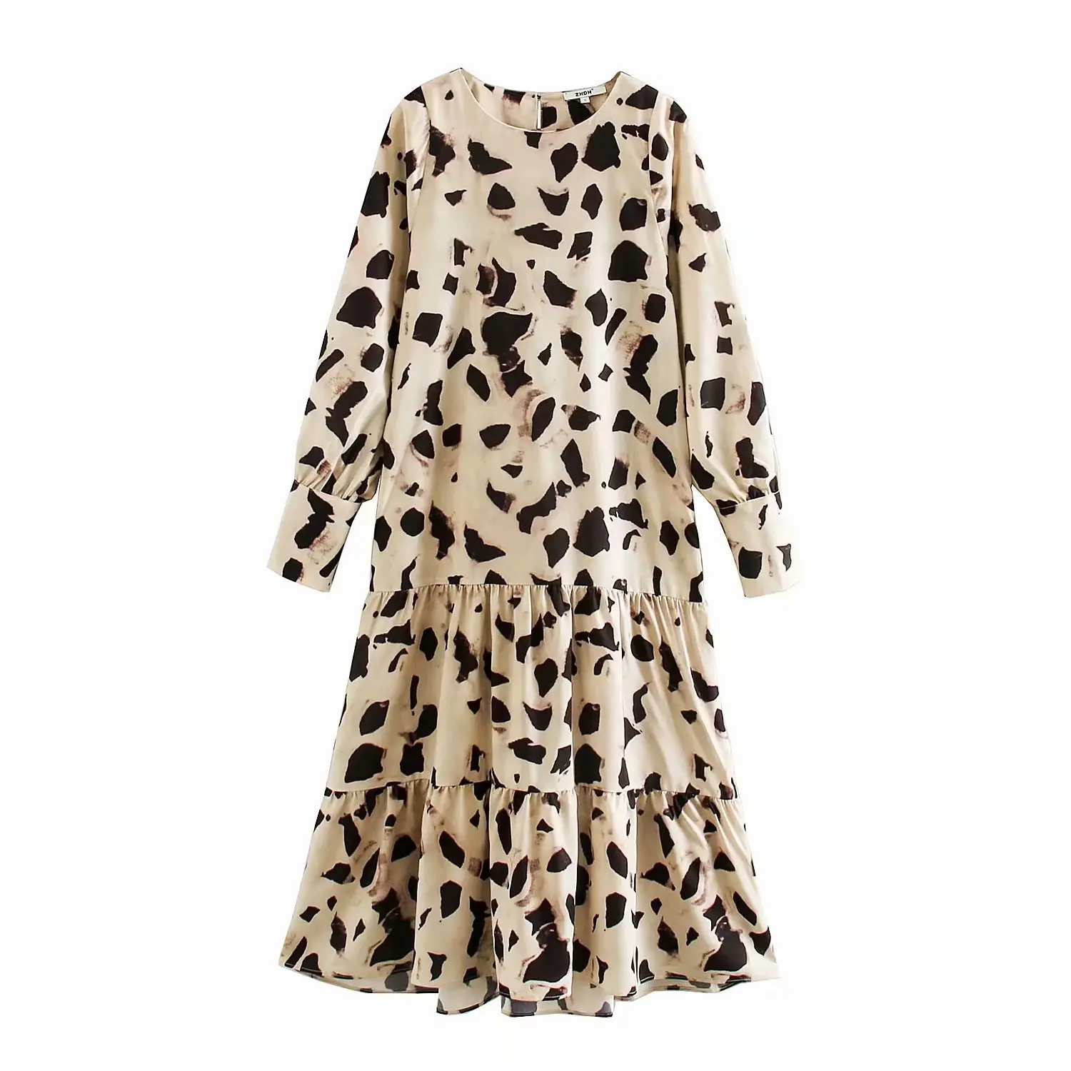Женское стильное платье миди с принтом животных и длинным рукавом прямое