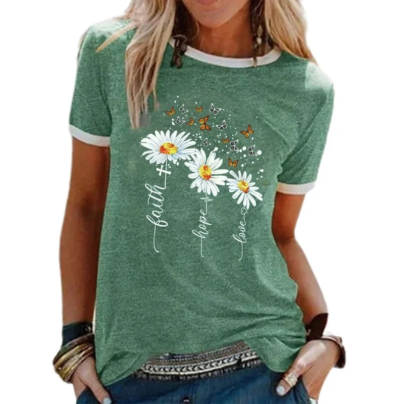 

Летняя женская футболка с коротким рукавом, цветочным принтом бабочки, надписями, прошитыми манжетами и вырезом, женская модная футболка, ф...