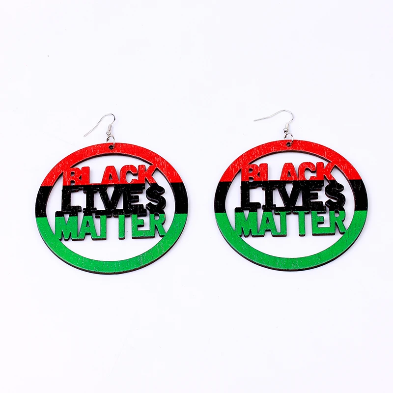 

8CM Initial Letter Black Lives Matter Earrings Colorful Statement Hollow Big Round Boho Drop African Wooden Earrings For Women