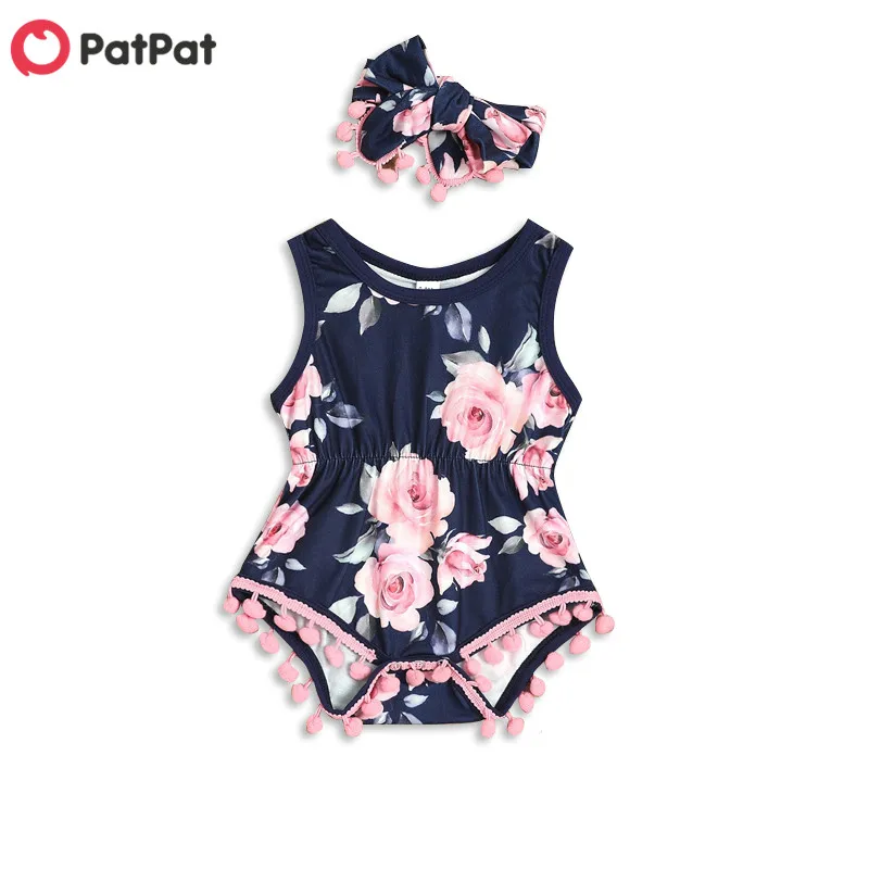 Летнее слитное Красивое боди с цветочным узором и повязка на голову для девочек