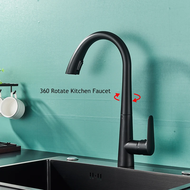 Матовый черный кухонный кран выдвижной режим распыления/потока фотографический
