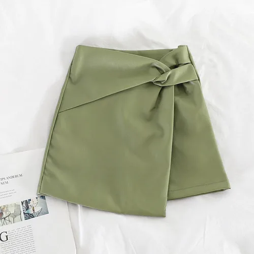 green skirt Woherb/элегантная мини-юбка для женщин с высокой талией, однотонные юбки из искусственной кожи в Корейском стиле, модная новинка, Faldas Mujer 90631 - Цвет: green skirt