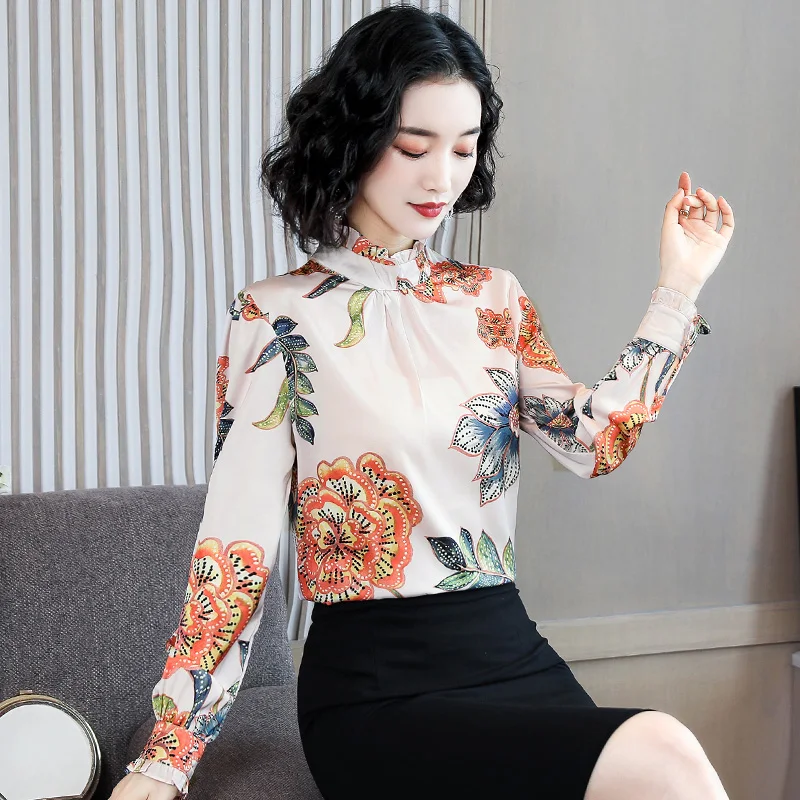 

Korean Silk Blouse Women Satin Floral Blouses Shirts Women Long Sleeve Blouse Tops Plus Size Elegant Woman Silk Print Shirt Top