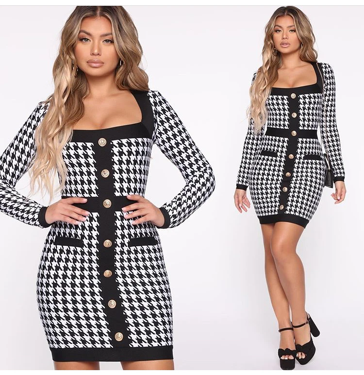 

High Quality Long Sleeve Plaid Bodycon Sexy Rayon Bandage Dress Evening Party Dress