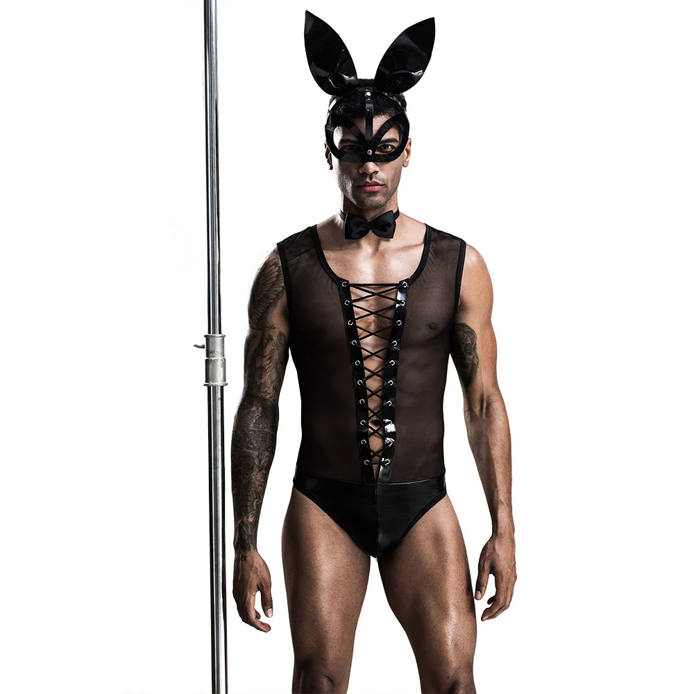 

4 Piece Black Mesh Fishnet Mens Sexy Bunny Costume Lingerie Set
