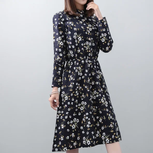 Демисезонное Цветочное платье рубашка с воротником стойкой и длинным