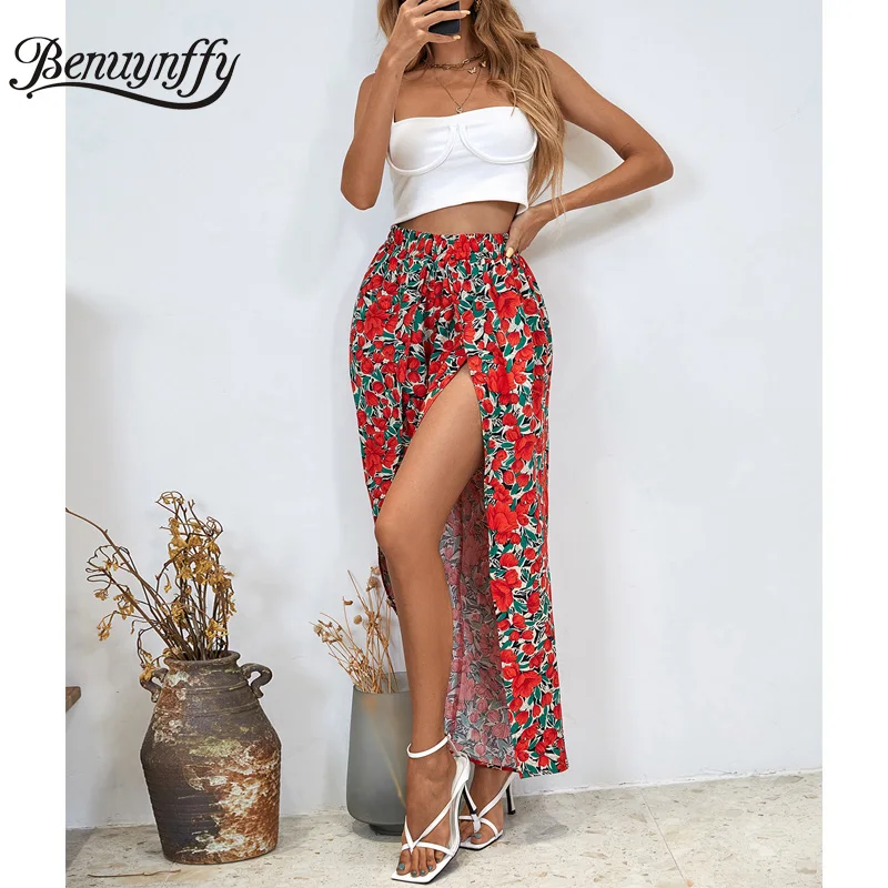 

Benuynffy Boho Holiday Style Floral Print Split Pants Women 2021 Summer Elastic High Waist Loose Casual Female Wide Leg Pants