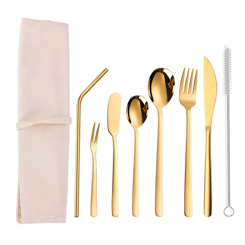 9 pcs gold Новинка, портативный набор столовых приборов, посуда из нержавеющей стали, фруктовые вилки, столовые ножи, десертные ложки с соломинкой, Портативная сумка, столовые приборы - Цвет: 9 pcs gold