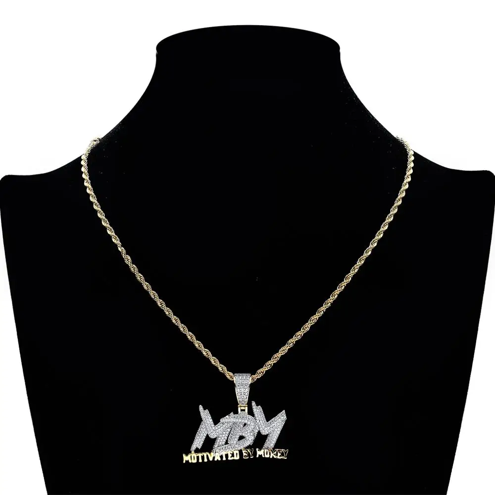 

TOPHIPHOP MBM Letter Iced Out Pendant Necklace Chain Charm Gold Silver Cubic Zircon Men's Hip Hop Jewelry For Gift