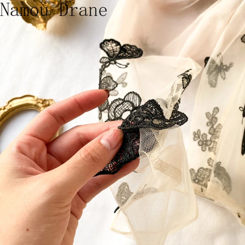 

Women Flower and Butterfly Embroidery 3D see through mesh blouse vintage elegant puff sleeve sheer tops with back zipper female