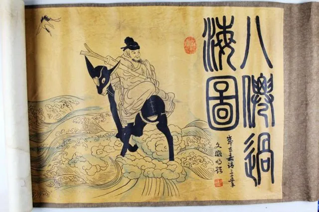 

Antiguo chino caligrafía y pintura colección regalo decoración mural-los Ocho inmortales que cruzan el diagrama del mar