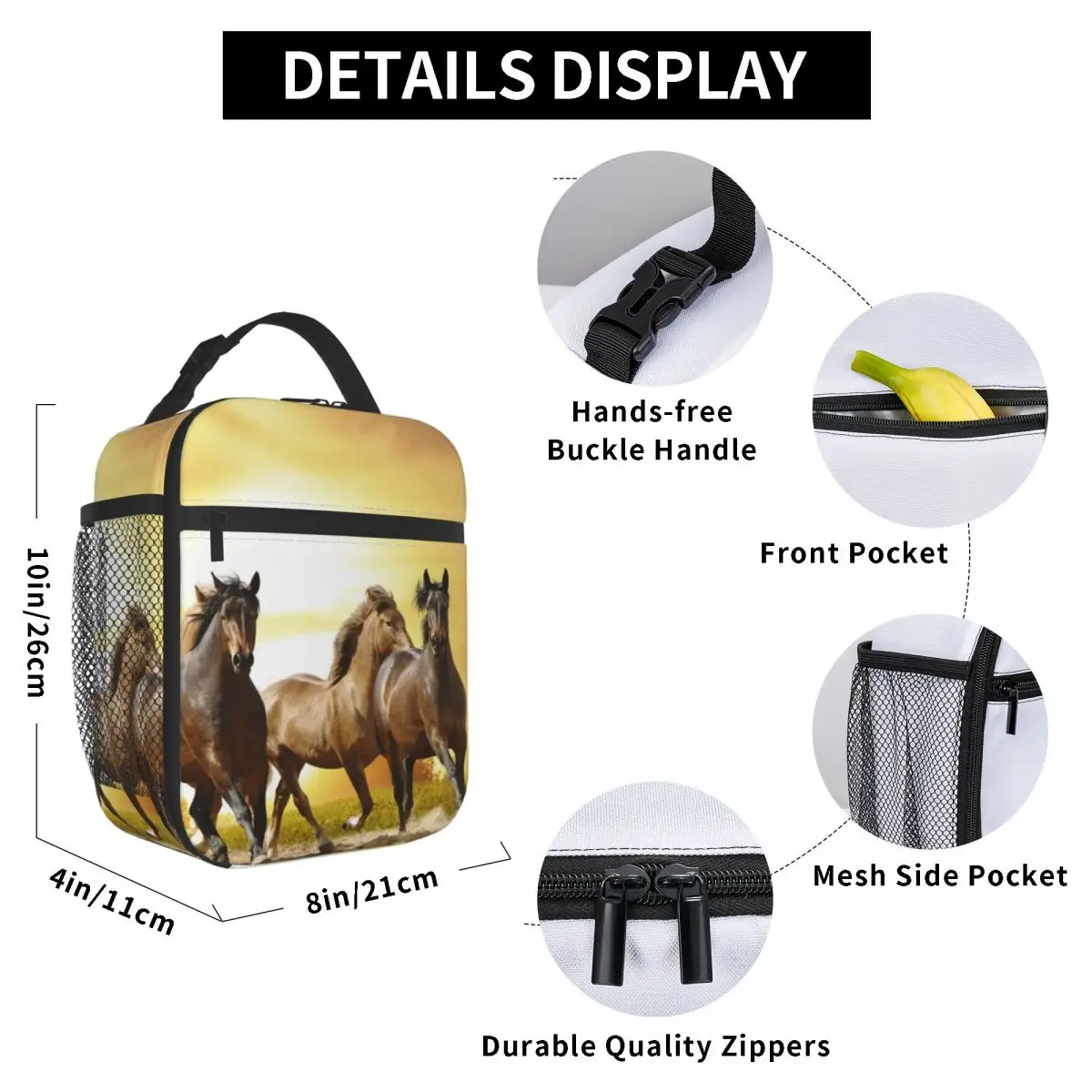 

Horses At Sunset Lunch Bag for Women Men Large Insulated Lunch Box with Water Bottle Holder and Pockets