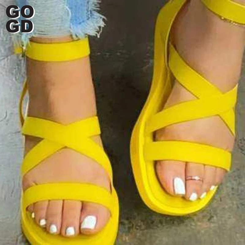 

[GOGD]2021New Summer Shoes Woman Flat Platform Sandals Women Soft Leather Buckle Casual Shoes Open Toe Gladiator Wedges Sandals
