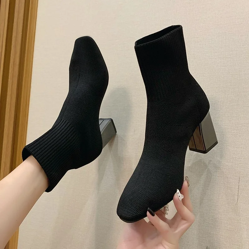 

Осень 2021, эластичные тканевые ботинки-носки для женщин, обувь на высоком квадратном каблуке, вязаная обувь, эластичная женская обувь