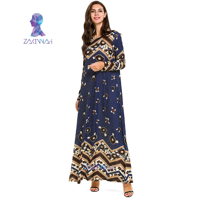 7706 размера плюс печатное с длинным рукавом тонкое волнистое платье абайя Дубай