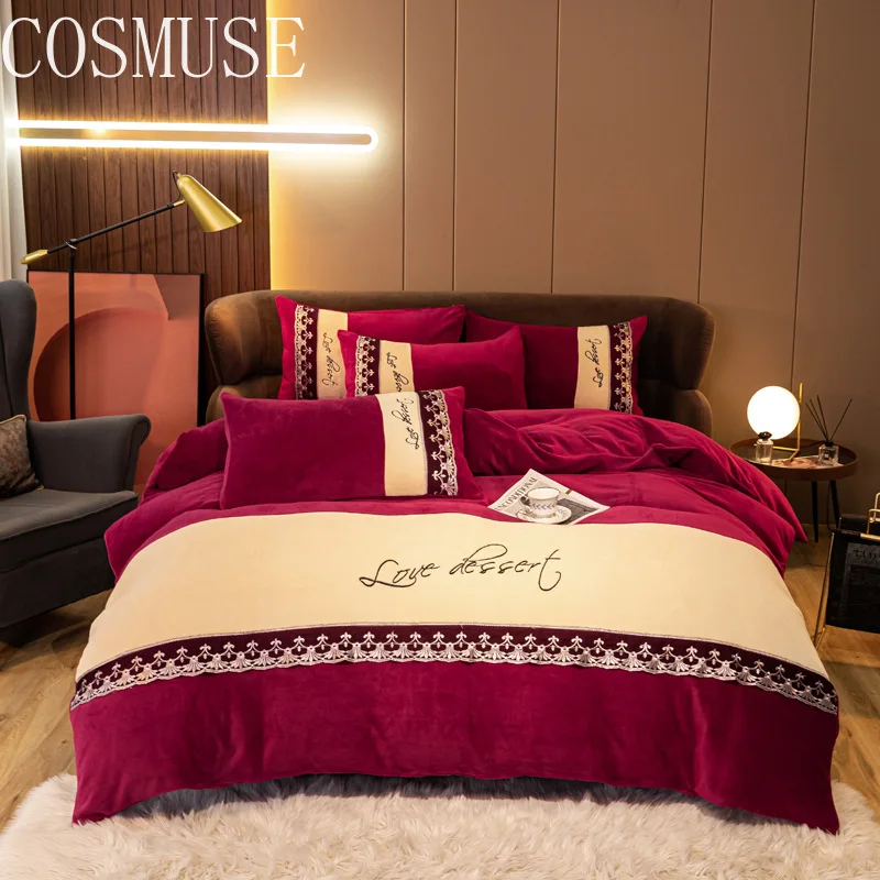 

Luxury Bed Cover Winter Thickened Bedding Linen Family Set Bedsheets Pillow Covers Marriage Bedspreads Flannel Sheets