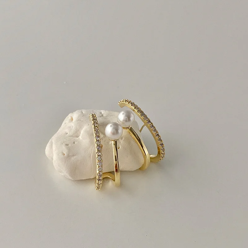 Корейские модные золотые двухслойные серьги-гвоздики с U-образным кристаллом и