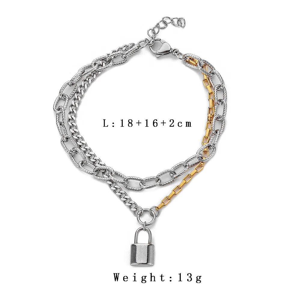 

Hip Hop Lock Charm Bracelet Personality Creative Contrasting Color Stainless Steel Fashion Double Chain Hand Jewelry