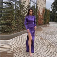 verngo modest grape purple satin prom dresses puff long sleeves o neck high side slit evening gowns simple party formal dress