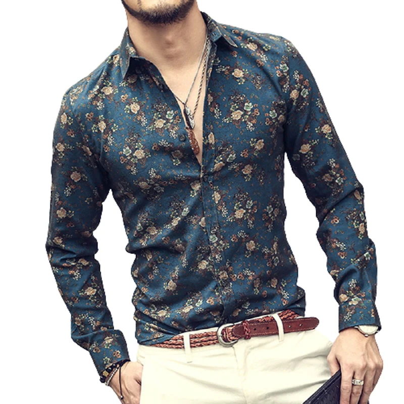 

Мужская Повседневная рубашка в стиле ретро с длинным рукавом и цветочным принтом, Новинка весна-осень 2021, модная мужская одежда, облегающие ...