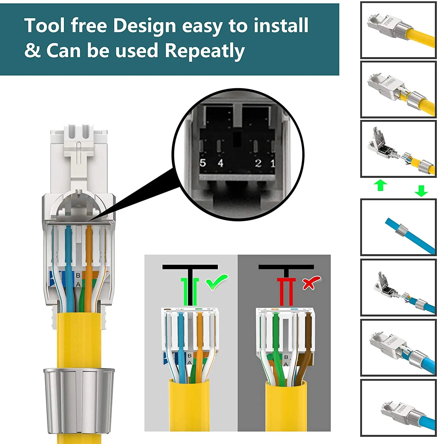 ZoeRax RJ45 Cat8 Cat7 Cat6A Connectors Tool-Free Reusable Ethernet Termination Plugs Internet Plug Fast Field Installation | Электроника