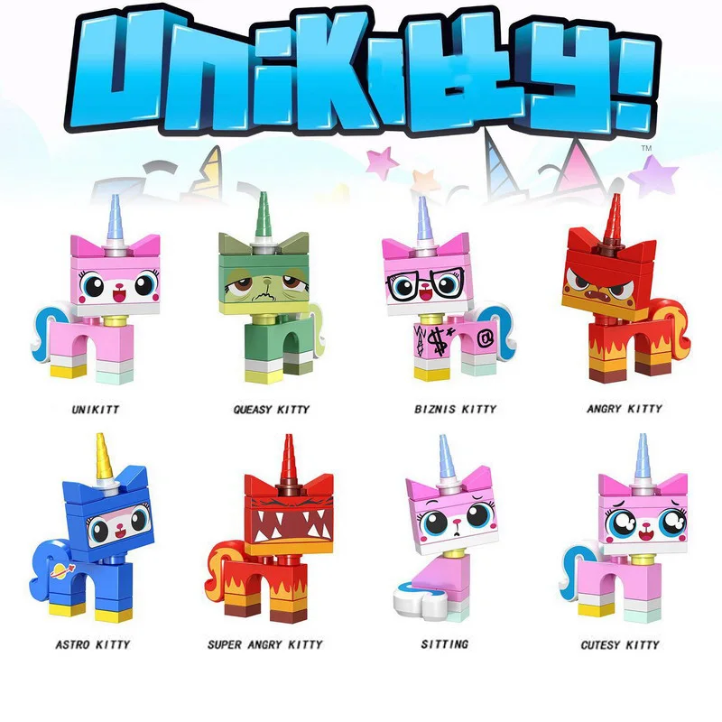 8 комплектов, мультяшный милый кот Unikitty Queasy Biznis с изображением сердитой кошечки, модель Astro Kitty, фигурки, блоки, подарок, Строительные кирпичи, игрушки для детей