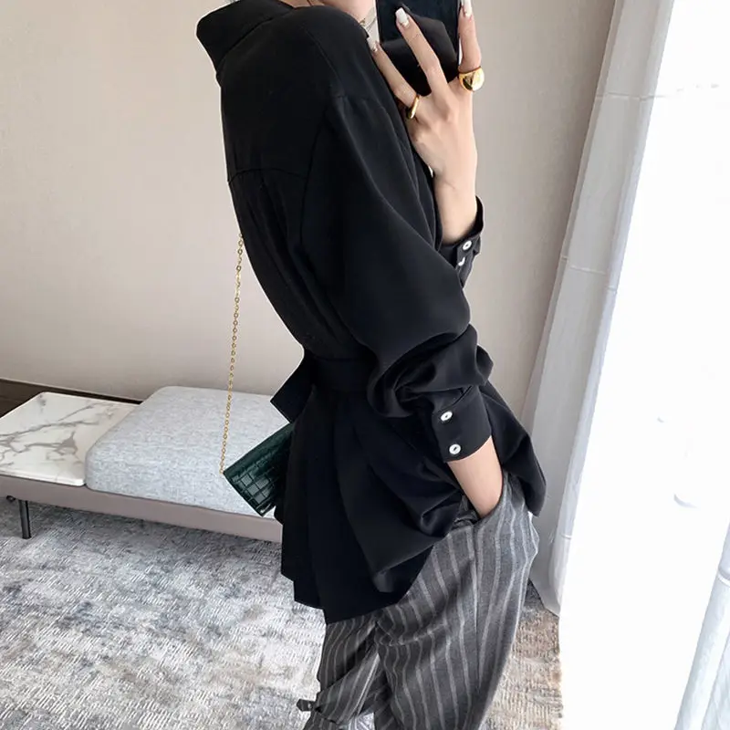 

Office Lady Shirts Womens 2021 Spring Autumn Long Sleeve Pleated Fold Slim Waist Back Belt Collar Tops Glegant Fashion Blouse
