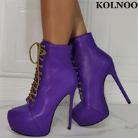 kolnoo new handmade women high heel boots crisscross shoelace sexy platform ankle booties real photo fashion winter purple shoes