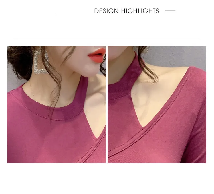 

Fall European Clothes Cotton Solid T-Shirt Chic Sexy O-Neck Hollow Out Women Tops Long Sleeve Bottoming Shirt Tees New T17324A