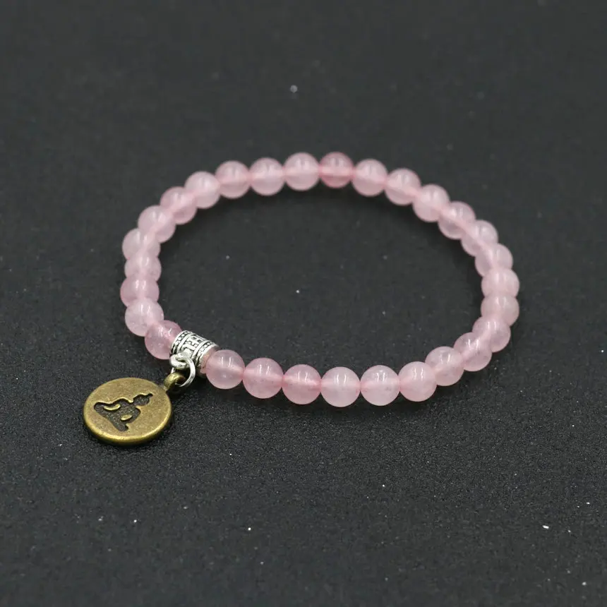 Женский браслет из натурального розового камня женский с имитацией лотоса чакры