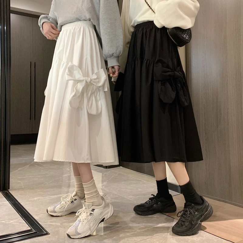

2021 High Waist Skirt Women Solid Color Casual Loose Korean Style Mid Calf Skirts 3D Bow Knot New Chic Jupe Longue Femme