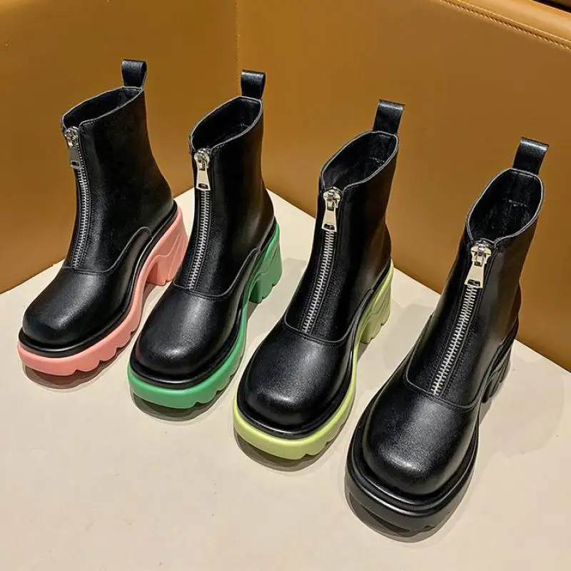 

Женские ботинки на платформе и среднем каблуке, Зимние Модные мотоциклетные ботильоны на молнии, теплые готические повседневные ботинки на...