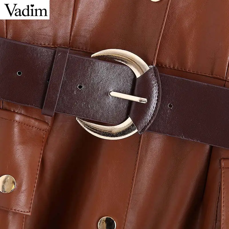 Vadim женское стильное платье миди из искусственной кожи с поясом и карманами