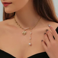 fashion vintage baroque pearl metal portrait pendant necklace for women personality tassel paper clip round brand clavicle chain