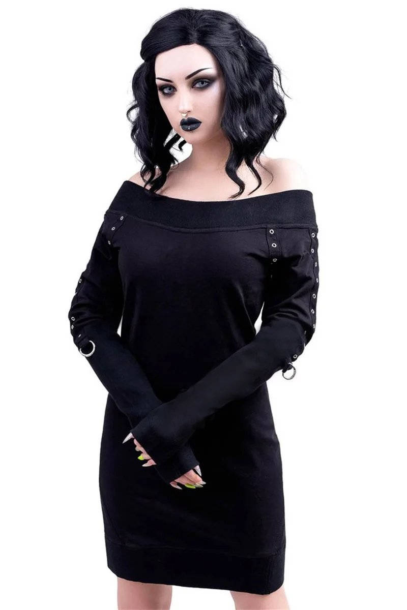 Весенне-осеннее платье с открытыми плечами в готическом стиле модное черное