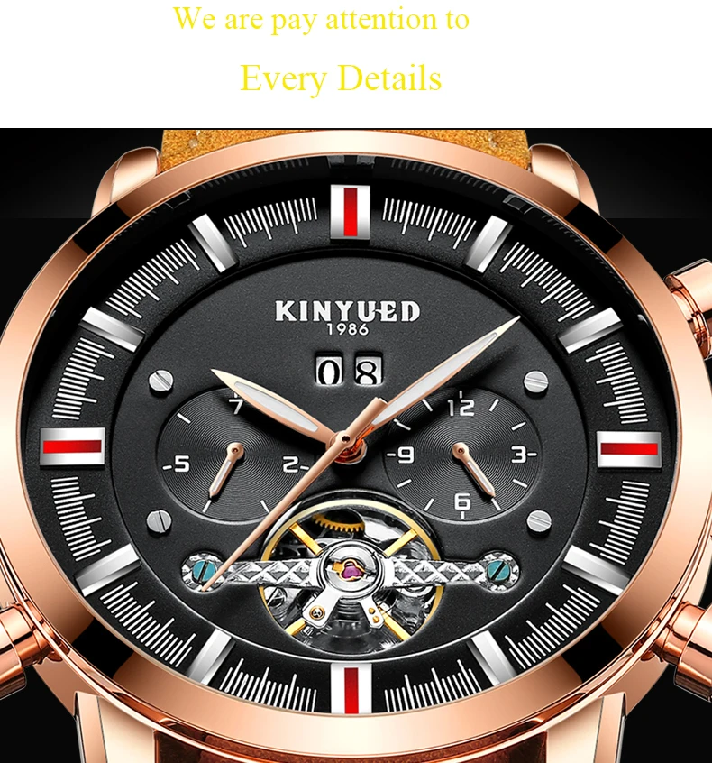 KINYUED Лидирующий бренд мужские механические часы Роскошные автоматические Tourbillon