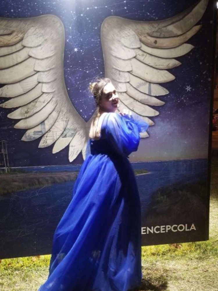 Синие платья LORIE для выпускного вечера Длинные Пышные Рукава тюлевые с открытой