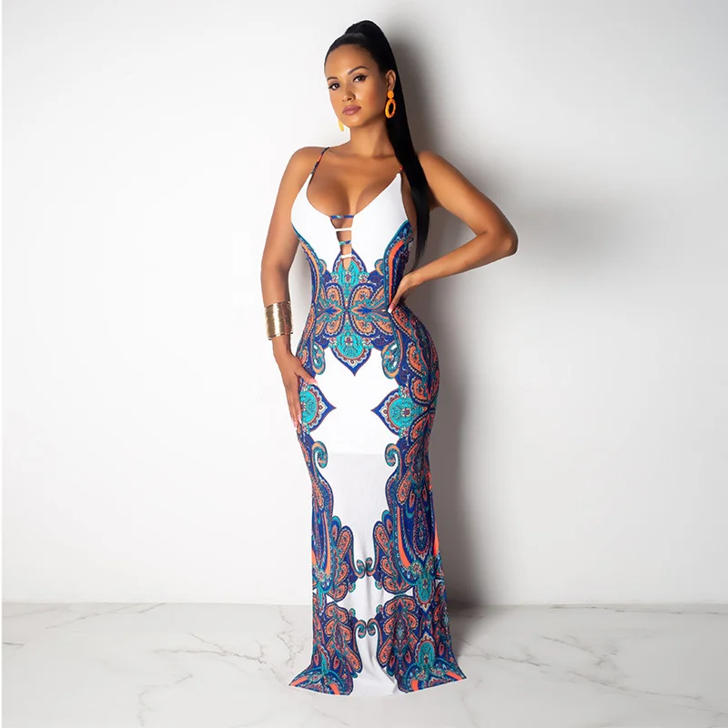 Женское винтажное платье макси на бретелях спагетти с V образным вырезом и