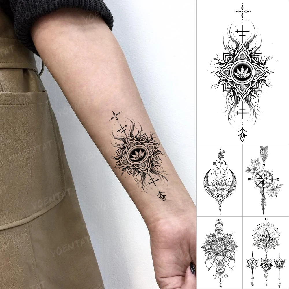 

Waterproof Temporary Tattoo Sticker Henna Lotus Totem Moon Mandala Flower Flash Tatto Wrist Body Art Men Women Fake Small Tatoo