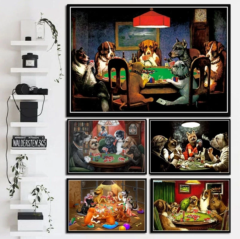 

Cats Dogs Playing Poker Funny Collage Cartoon Animal Canvas Painting Poster Home Decor ​Art Wall Pictures Modern Living Room