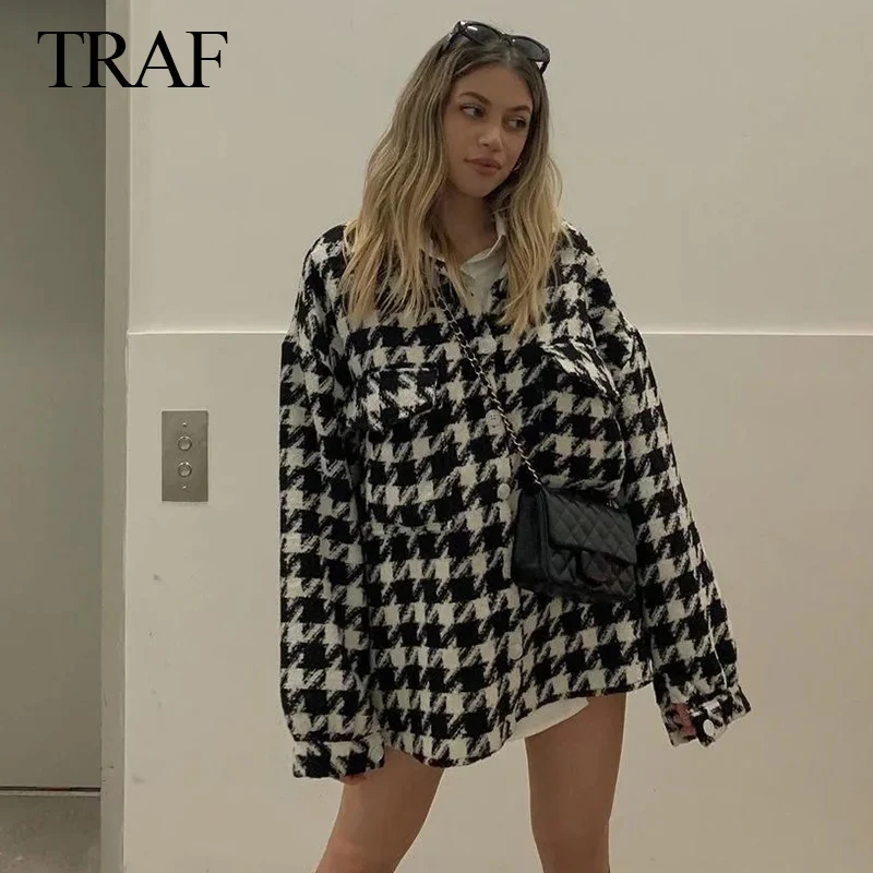 

TRAF ZA Fashion Women's Autumn Jacket Plaid Thick Oversized Coat Vintage Long Sleeve Pockets Female Outerwear Chic Tops Mujer