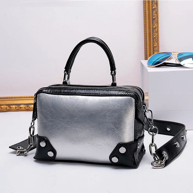 100% натуральная коровья кожа заостренные заклепки цепь сумки контрастные цвета