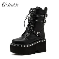 u double brand women boots hight ankle boots big size punk style thick sole lace up woman shoes fashion rivet gothic style shoes