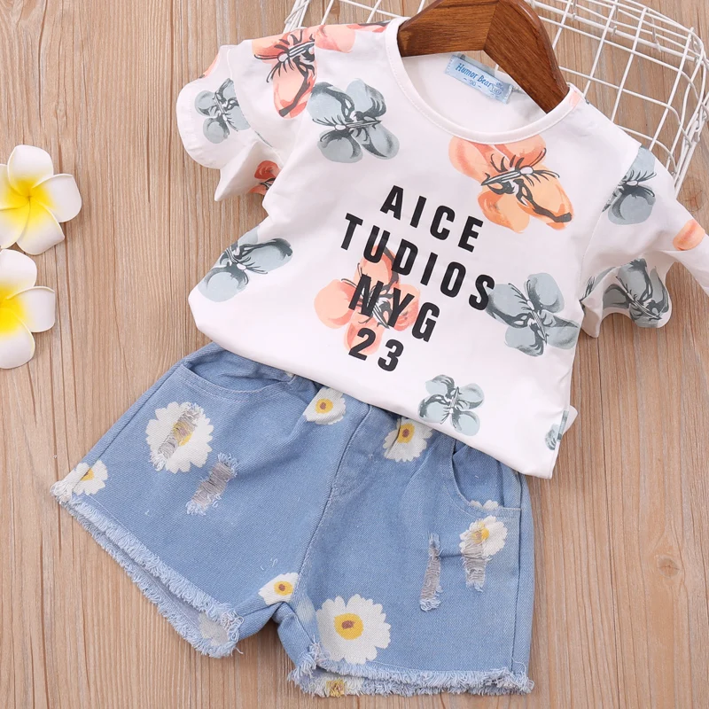 

2021 Summer Suit Clothing Sets Flower Top+Denim Short 2Pcs Baby Girl Clothes Clothing For Girls Toddler Girl Clothes